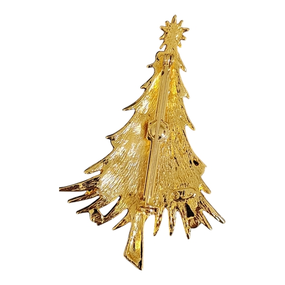 JJ Jonette Gold Tone Spikey Christmas Tree W/ Red, Green & Blue Rhinestones Pin - Picture 2 of 4
